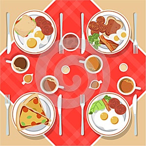Vector breakfast concept set with food and drinks with flat icons. Breakfast composition sandwich and omelette, juc