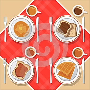 Vector breakfast concept set with food and drinks with flat icons in composition. Breakfast composition sandwich and omelette, juc