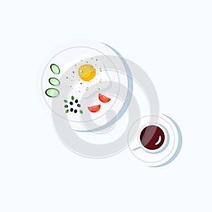 Vector breakfast set top view concept. Fried egg  olive  tomato  cucumber  coffee  tea  omelet.