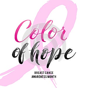 Vector Breast Cancer Awareness Calligraphy Poster Design. Stroke Pink Ribbon.