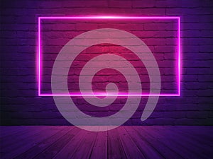 Vector brick wall room background, neon light
