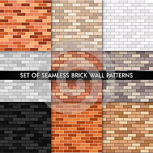 Vector brick wall seamless pattern set. Flat wall textures collection. Yellow, gray, red, white, black textured brick background