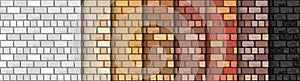 Vector brick wall seamless patterns set. Flat red, orange, yellow, black, white, grey wall texture. Flat grunge textured