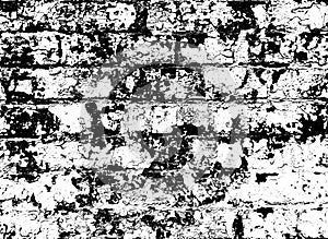 Vector brick wall texture, old black and white background with paint chips