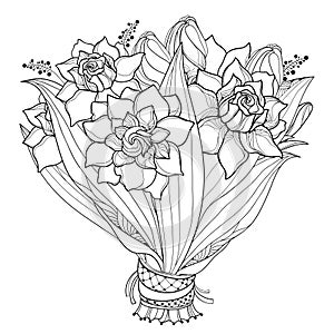 Vector bride bouquet with outline Gardenia flower, bud and ornate leaf in black isolated on white background.