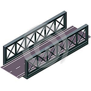 Vector bridge in isometric 3d perspective on white background, with asphalt road.