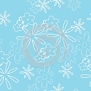 Vector bright blue background white outlines daisy chamomile flowers pattern, seamless pattern background.