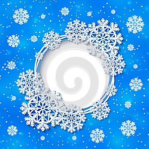 Vector bright blue winter round frame with snowflake decoration