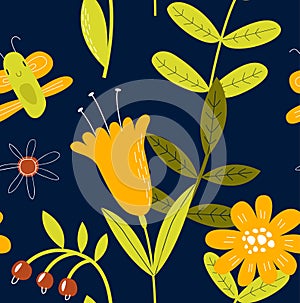 Vector bright botanical background. Floral pattern. Summer seamless background with flowers and butterflies.