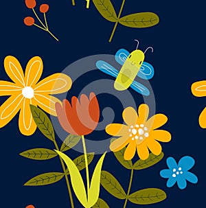 Vector bright botanical background. Summer seamless background with flowers and butterflies. Fabric, paper, wallpaper