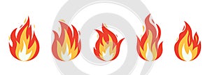 Vector bright burn flame icon set isolated on white background. Hot fire flat clipart sings collection. Burning fireball