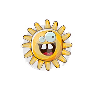 vector bright cartoon style summer sun character isolated on white background. Summer sun sticker and label isolated