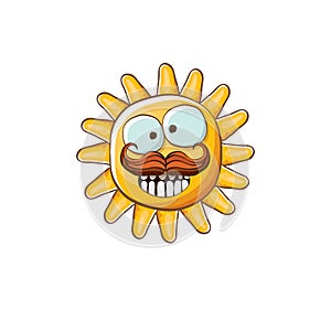 vector bright cartoon style summer sun character isolated on white background. Summer sun sticker and label isolated