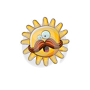 vector bright cartoon style summer sun character isolated on white background. Summer sun sticker and label isolated