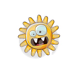 vector bright cartoon style summer sun character isolated on white background. Summer sun sticker and label isolated