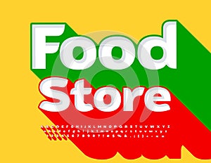 Vector bright emblem Food Store. White Font with Red Shadow. Creative set of trendy Alphabet Letters, Numbers and Symbols