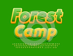 Vector bright Emblem Forest Camp. Creative Font. Modern Alphabet Letters and Numbers set