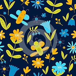 Vector bright floral pattern with butterflies. Seamless nature background with cartoon butterflies. Fabric, paper, wallpaper.