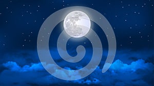 Vector Bright Full Moon and Stars in Cloudy Blue Night Sky
