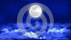 Vector Bright Full Moon and Twinkle Stars in Cloudy Dark Blue Night Sky