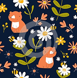 Vector bright pattern with teddy bear, bees and flowers. Cartoon bear. Fabric, paper, wallpaper.