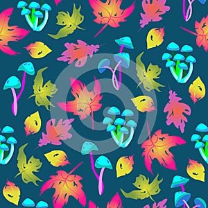 Vector bright seamless pattern with autumn leaves and mushrooms