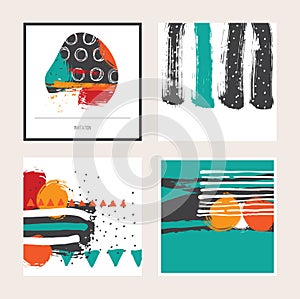 Vector bright set with bright colored square cards, isolated on background. Hand drawn illustration drawn with brush and ink splas