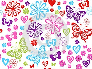 Vector bright spring seamless pattern with butterflies, flowers and hearts in doodle style