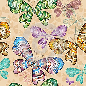 Vector bright spring seamless pattern with colorful vintage butterflies