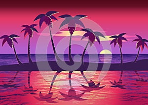 Vector bright sunset through palm trees