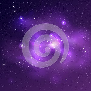 Vector bright universe background with purple and blue nebulas and shiny stars