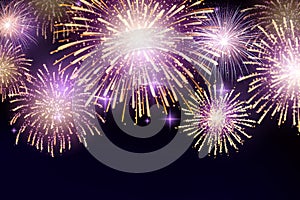 Vector Brightly Colorful Fireworks on night sky background