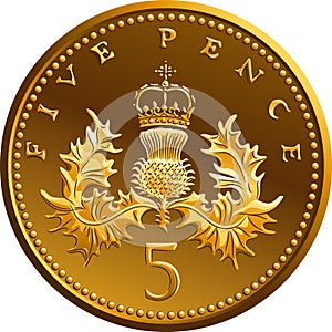 Vector British money gold coin 5 pence