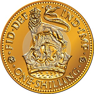 Vector British money gold coin shilling with lion