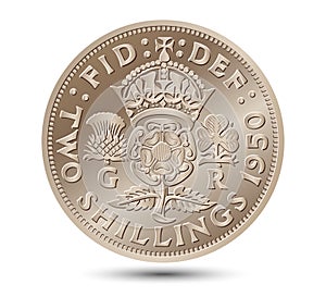 Vector British money gold coin Two shillings.