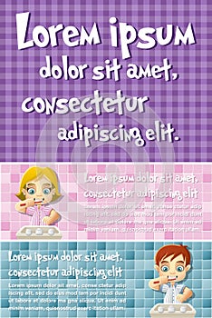 Vector brochure backgrounds with cartoon children in pajamas brushing teeth