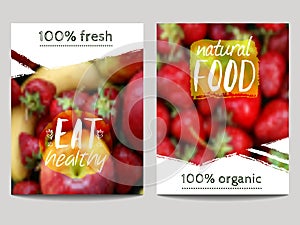 Vector brochure design template with blur background with fruits and eco labels. Healthy fresh food, vegetarian, eco concept
