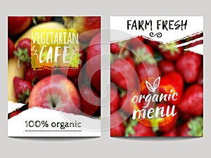 Vector brochure design template with blur background with fruits and eco labels. Healthy fresh food, vegetarian, eco concept.