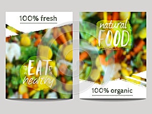 Vector brochure design template with blur background with vegetables and eco labels. Healthy fresh food, vegetarian and eco