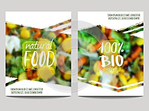 Vector brochure design template with blur background with vegetables and eco labels. Healthy fresh food, vegetarian and eco