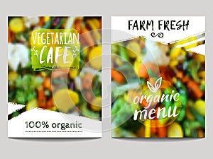 Vector brochure design template with blur background with vegetables and eco labels. Healthy fresh food, vegetarian and eco