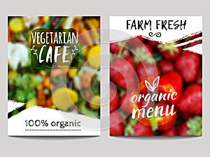 Vector brochure design template with blur background with vegetables, fruits and eco labels. Healthy fresh food, vegetarian, eco