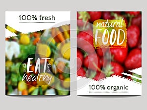 Vector brochure design template with blur background with vegetables, fruits and eco labels. Healthy fresh food, vegetarian, eco