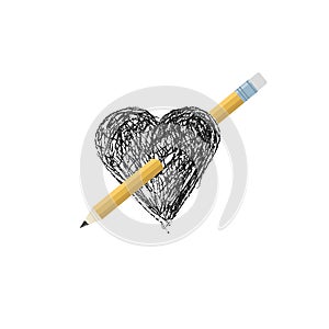 Vector broken heart with graphite pencil on white background. Great element for your art, love concept