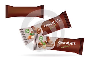 Vector Brown Blank Food Packaging For Biscuit, Wafer, Sweets, Chocolate Bar, Candy Bar, Snacks . Design Template. Chocolate Bar wi