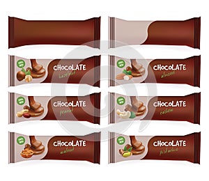 Vector Brown Blank Food Packaging For Biscuit, Wafer, Sweets, Chocolate Bar, Candy Bar, Snacks . Design Template. Chocolate Bar wi