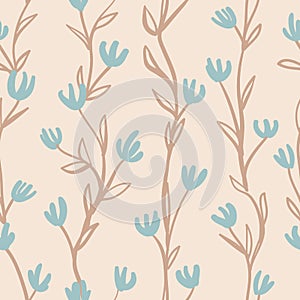 Vector brown blue vines ecru floral repeat pattern