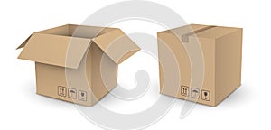 Vector brown cube empty package box open and closed isolated on