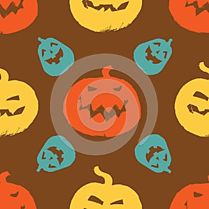 Vector brown halloween colourful pumpkins sillouettes repeat pattern. Suitable for invitation card, halloween party