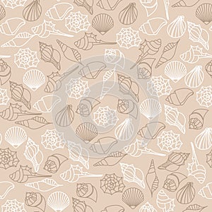Vector brown line seamless pattern of seashells